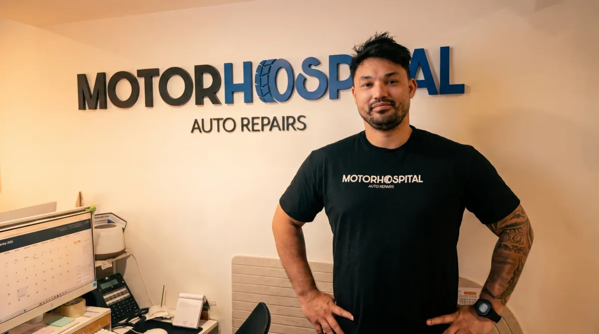 Cory Birtles-Eades at the Motor Hospital front counter